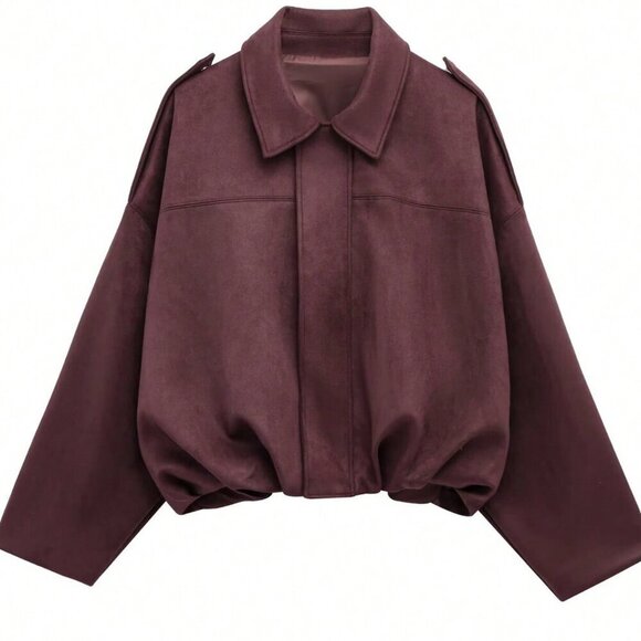 Burgundy Casual Women's Loose Long Sleeves Zip Bomber Coat Jacket Outerwear - Picture 5 of 6